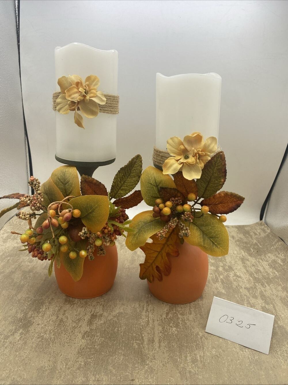 Set Of 2 Hand Decorated Fall Themed Wine Glass Pillar Candle Holders W/LED